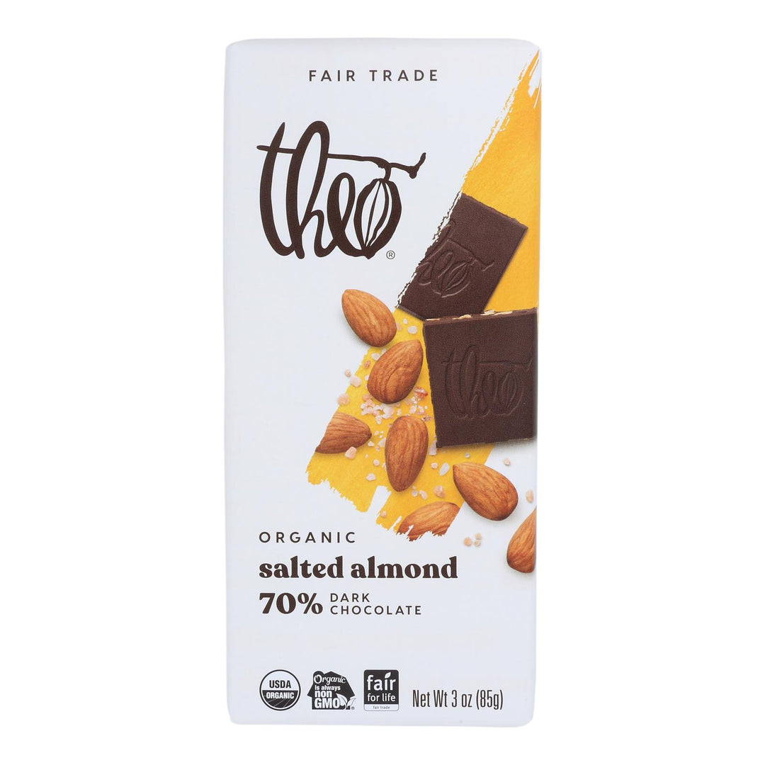 Theo Chocolate Organic Chocolate Bar - Classic - Dark Chocolate - 70 Percent Cacao - Salted Almond - 3 Oz Bars - Case Of 12