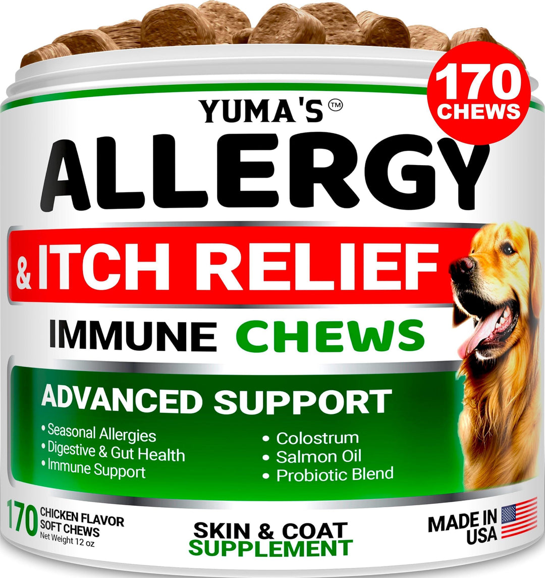 YUMA'S Dog Allergy Relief Chews   Dog Itching Skin Relief Treatment Pills   170 Treats   Anti Itch for Dogs   Itchy and Paw Licking   Dry Skin & Hot Spots   Omega 3 Fish Oil   Skin & Coat Supplement