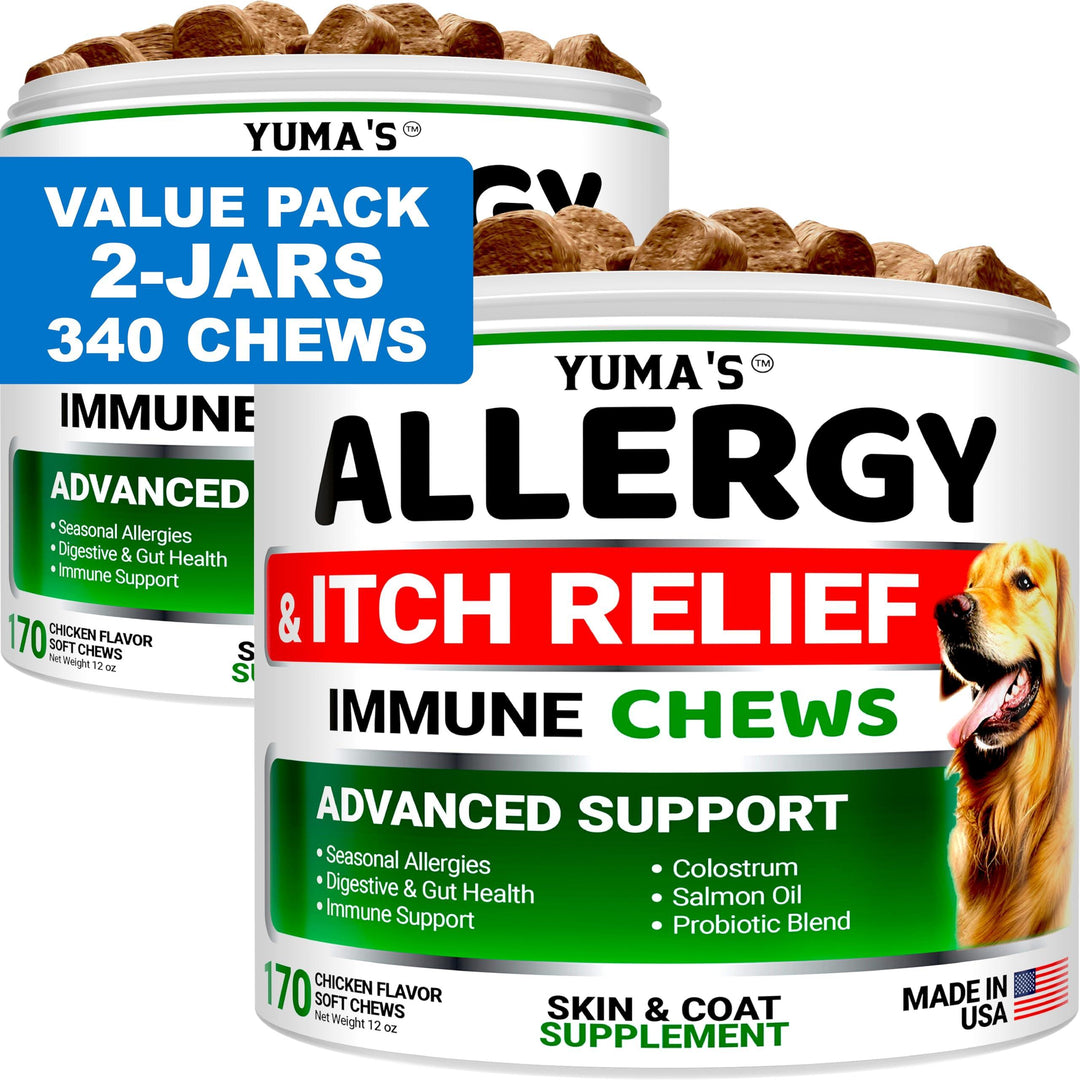 YUMA'S 2 Pack Dog Allergy Relief Chews   Dog Itching Skin Relief Treatment Pills   Anti Itch for Dogs   Itchy and Paw Licking   Dry Skin & Hot Spots   Omega 3 Fish Oil   Skin & Coat Supplement