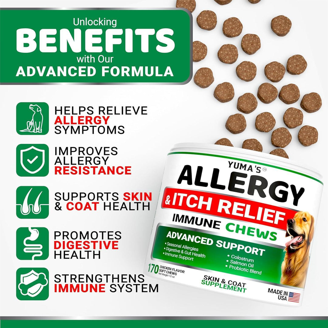 YUMA'S 2 Pack Dog Allergy Relief Chews   Dog Itching Skin Relief Treatment Pills   Anti Itch for Dogs   Itchy and Paw Licking   Dry Skin & Hot Spots   Omega 3 Fish Oil   Skin & Coat Supplement