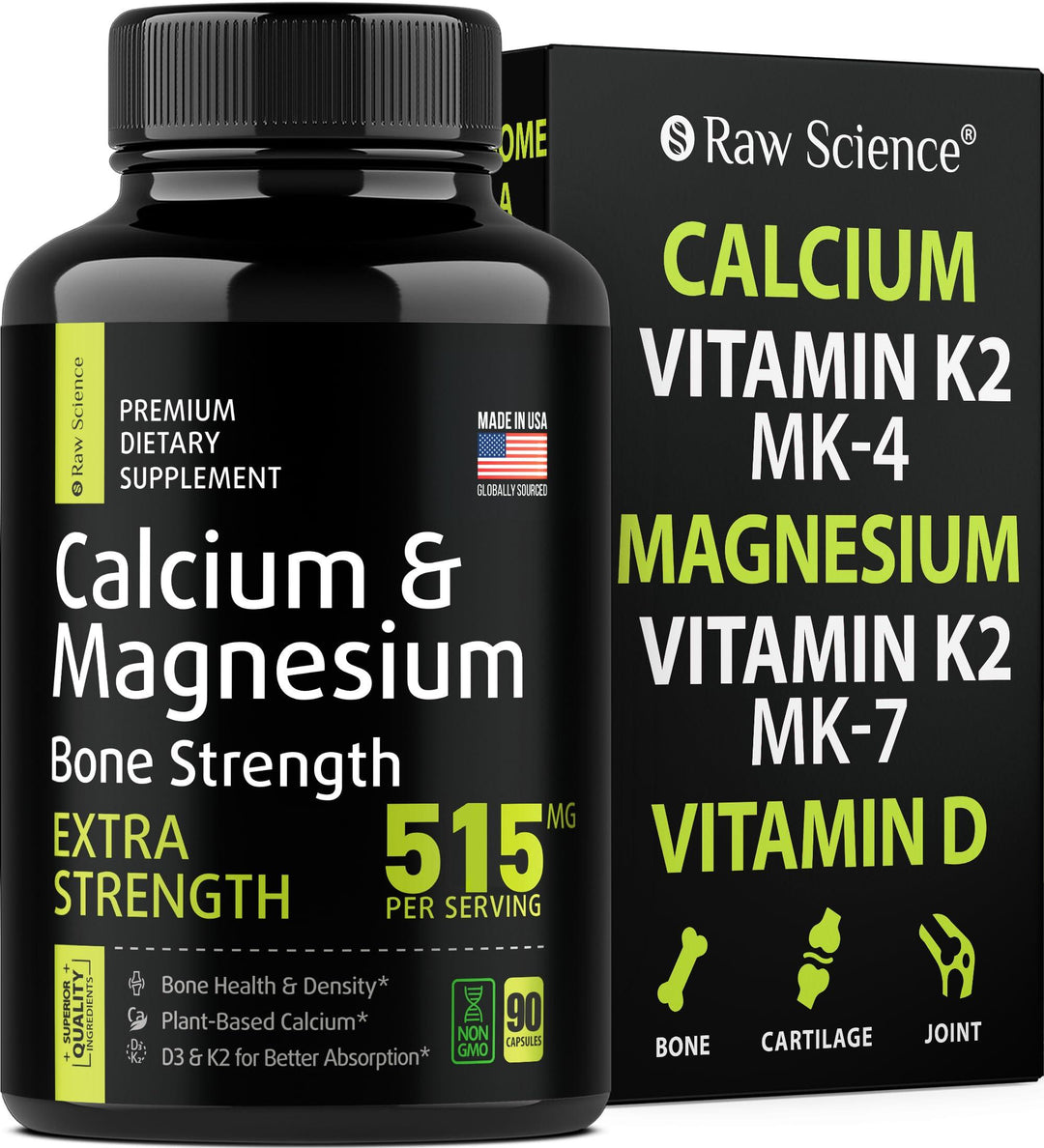 Calcium Magnesium Supplement Bone Strength Supplements Сalcium with Vitamin D & K2 Plant Based Calcium Pills for Women and Men Magnesium   Calcium Supplement 515MG Per Serving 90 Capsules