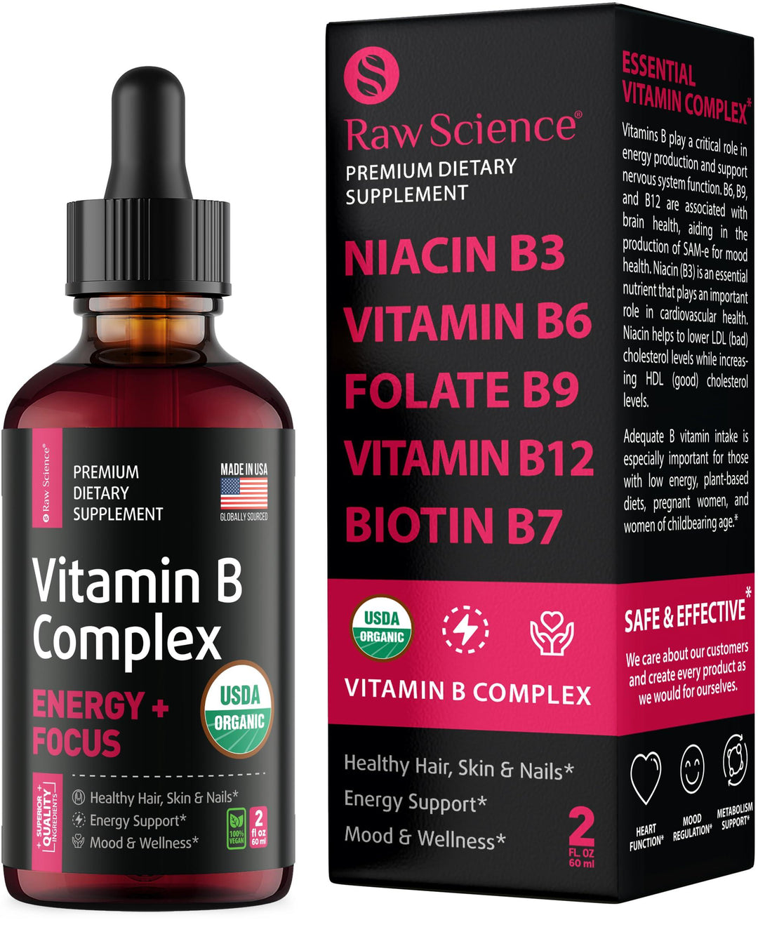 Liquid Vitamin B Complex Supplement – Energy Supplements for Women and Men: Vitamins B3 B6 B9 & Folic Acid for Optimal Health   Hair Skin & Nails Support   Vegan Super B Complex   Made In USA   2oz