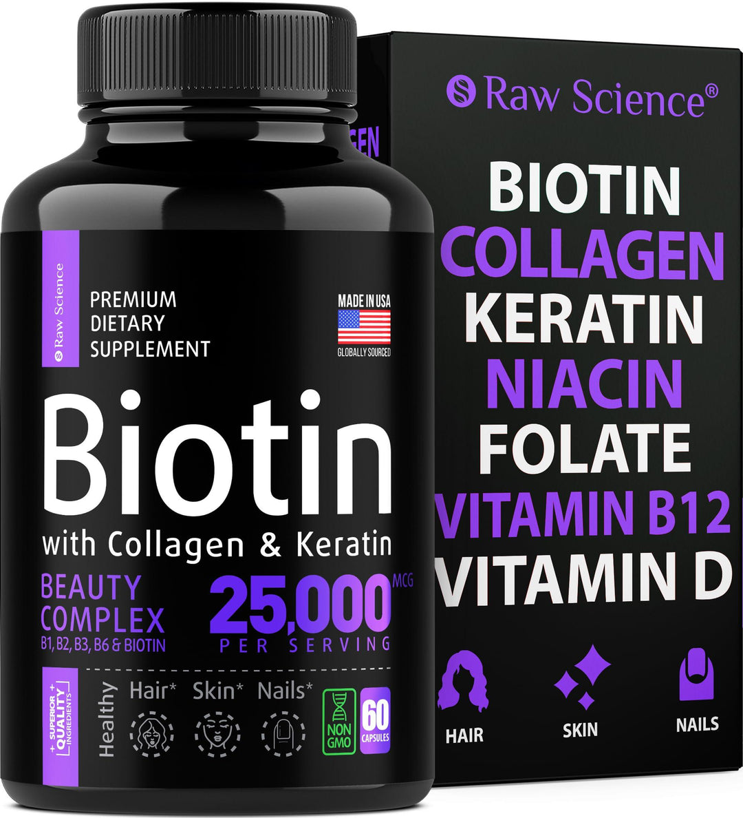 Biotin Collagen Keratin Supplement – Hair Skin and Nails Vitamins Extra Strength Biotin and Collagen Supplements Hair Growth Vitamins Nail & Hair Growth Supplement for Women & Men – 60 Capsules