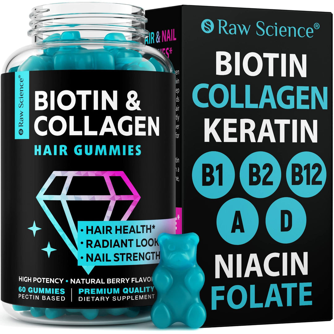 Biotin Collagen Gummies – Hair Skin and Nails Vitamins for Women & Men – Hair Growth Vitamins: B1 B2 B3 B5 B7 B9 B12 Collagen Keratin Vitamin A & D – Hair Growth Supplement – 60 Gummy Bears