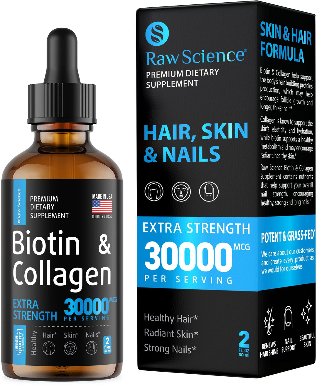 Liquid Collagen & Biotin Supplement for Hair Growth   Biotin 10000mcg Collagen 20000mcg Drops   Biotin and Collagen Vitamins for Skin Hair and Nail Health for Women & Men   Made in USA 2 floz