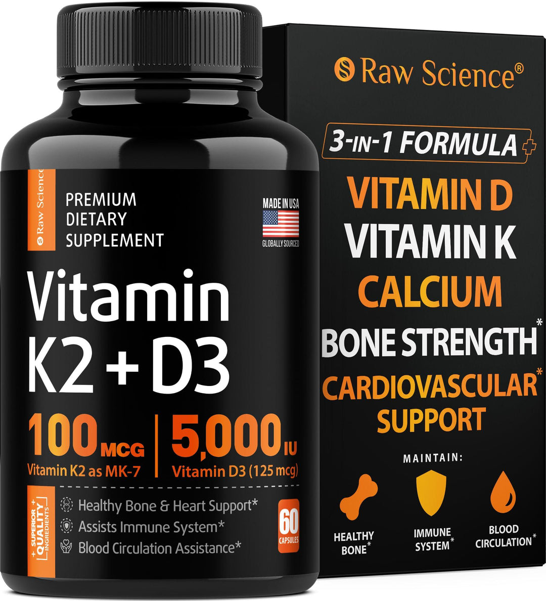 Vitamin D3 K2 Calcium Supplement   Vitamin D 5000 IU   Vitamin K2 MK7 100 mcg for Immune Support   Bone Strength & Heart Health Supplements Teeth Vitamins With Bioperine   US Made Non GMO 60 Capsules