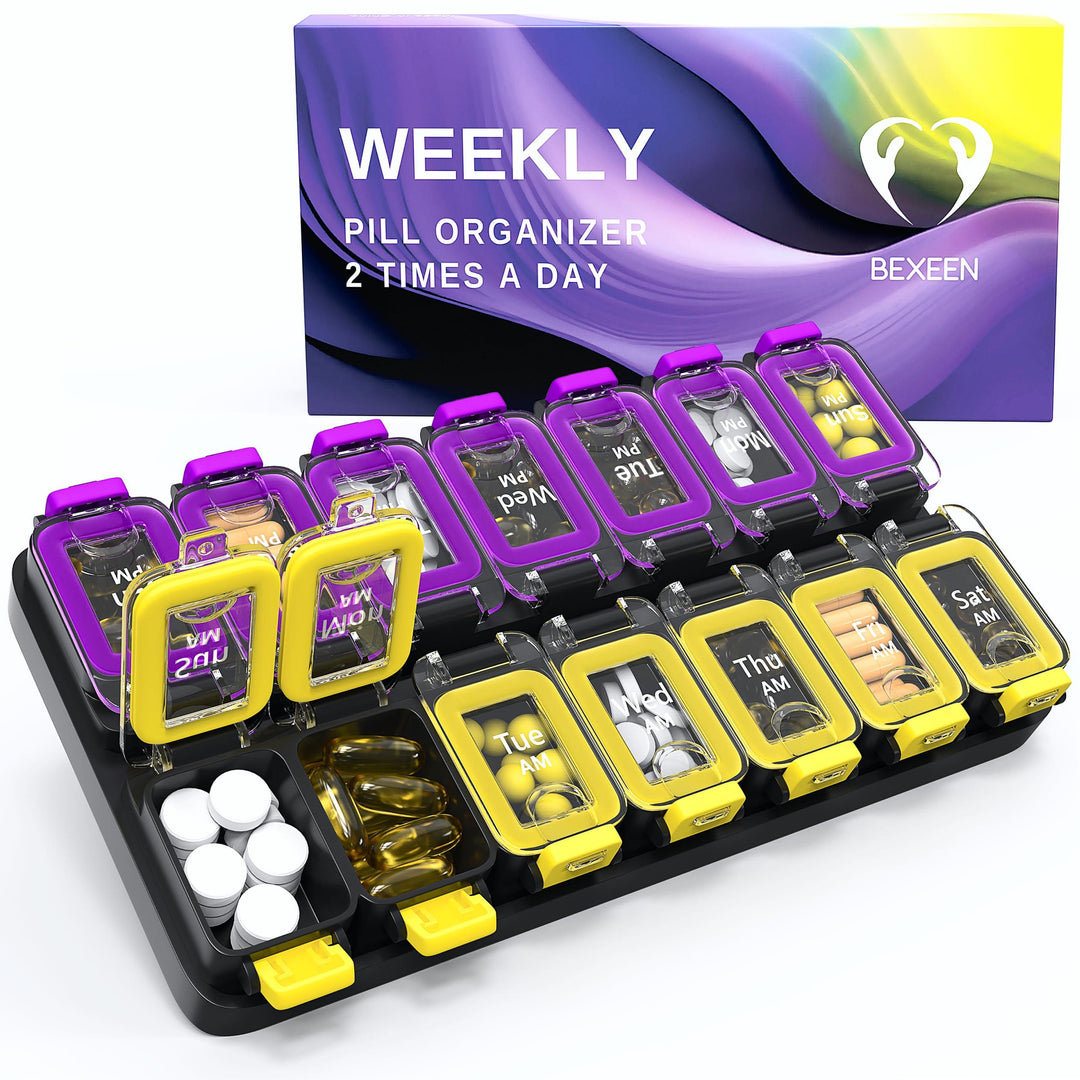 Weekly Pill Organizer 2 Times A Day   Airtight Pill Box 7 Day   Am Pm Vitamin Case Extra Large Medicine Container Two Week Supplement Holder Daily Medication Storage XL Med Sorter Yellow Purple