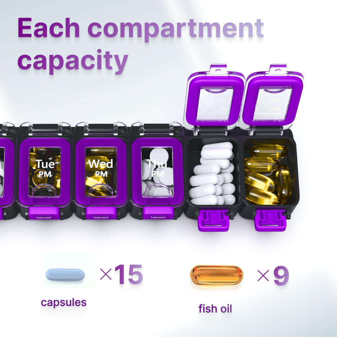 Weekly Pill Organizer 2 Times A Day   Airtight Pill Box 7 Day   Am Pm Vitamin Case Extra Large Medicine Container Two Week Supplement Holder Daily Medication Storage XL Med Sorter Yellow Purple