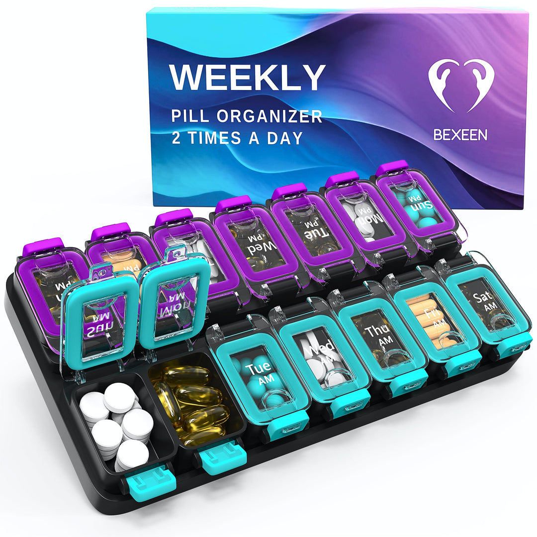 Weekly Pill Organizer 2 Times A Day   Airtight Pill Box 7 Day   Am Pm Vitamin Case Extra Large Medicine Container Two Week Supplement Holder Daily Medication Storage XL Med Sorter Green Purple