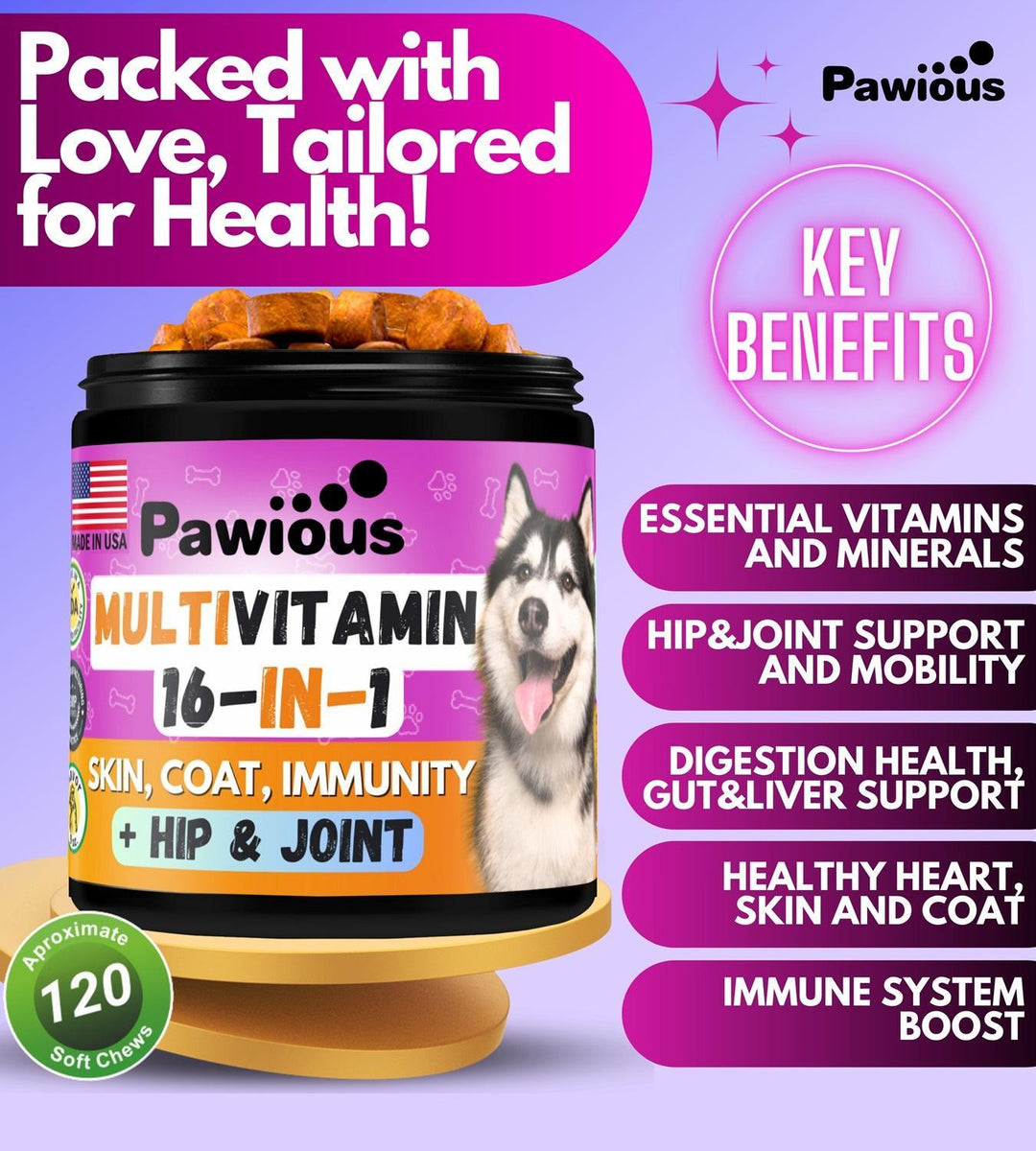 Dog Multivitamin Chewable with Glucosamine 16 in 1   Dog Vitamins and Supplements   Senior & Puppy Multivitamin for Dogs   Hip and Joint Support Health   Immunity  Mobility   Gut, Skin, Heart, Coat