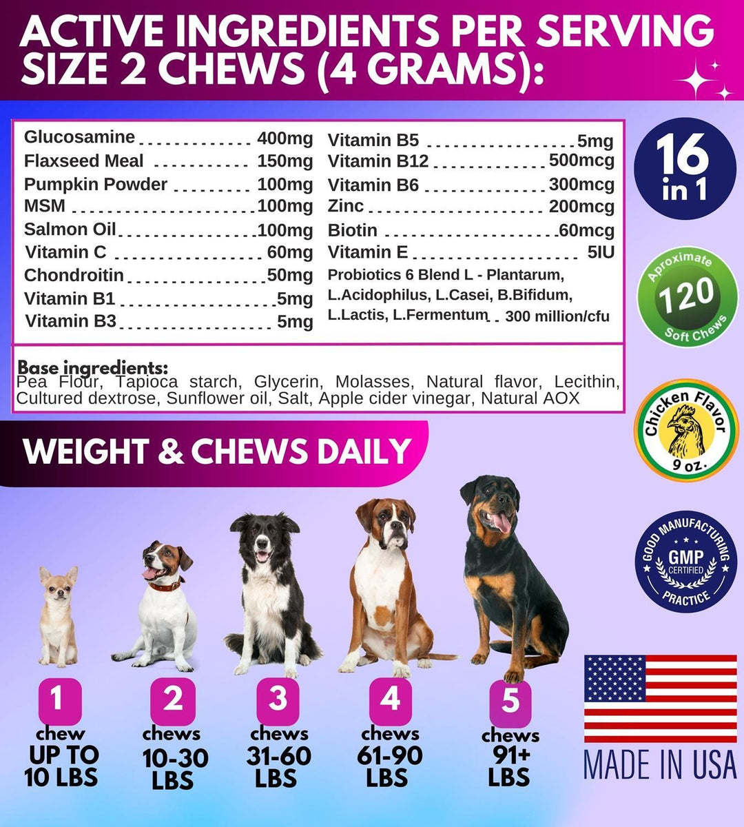 Dog Multivitamin Chewable with Glucosamine 16 in 1   Dog Vitamins and Supplements   Senior & Puppy Multivitamin for Dogs   Hip and Joint Support Health   Immunity  Mobility   Gut, Skin, Heart, Coat