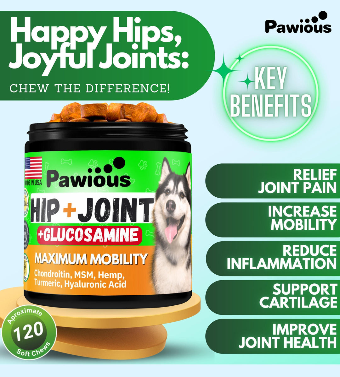 Pawious Hip and Joint Supplement for Dogs   Glucosamine for Dogs   Dog Joint Pain Relief   Chondroitin MSM Hemp Treats   Advanced Support Dog Joint Supplement Health   Mobility Support Chews