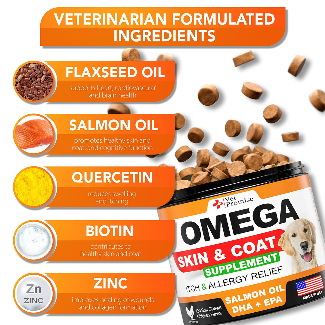 Omega 3 for Dogs   Dog Skin and Coat Supplement   Fish Oil for Dogs Chews   Allergy and Dog Itch Relief   Dog Anti Shedding Supplement   Dog Dry Skin Treatment   Salmon Oil   Made in USA   120 Treats