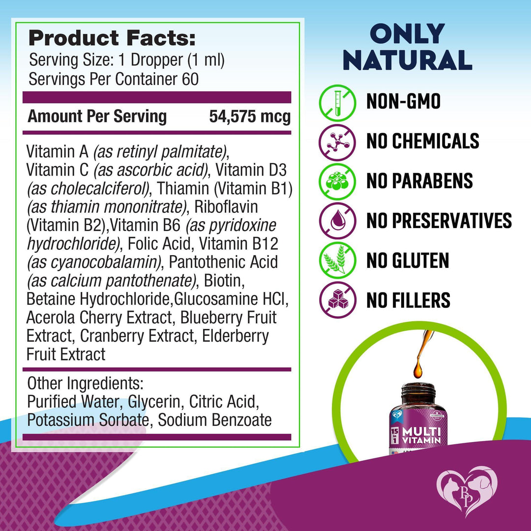 Cat & Dog Multivitamin Liquid with Glucosamine & Cranberry | 15 in 1 Health Supplements for Urinary Tract Kidney Bladder Hip & Joint Skin & Coat | Natural UTI Medicine Made in USA (60 ml)